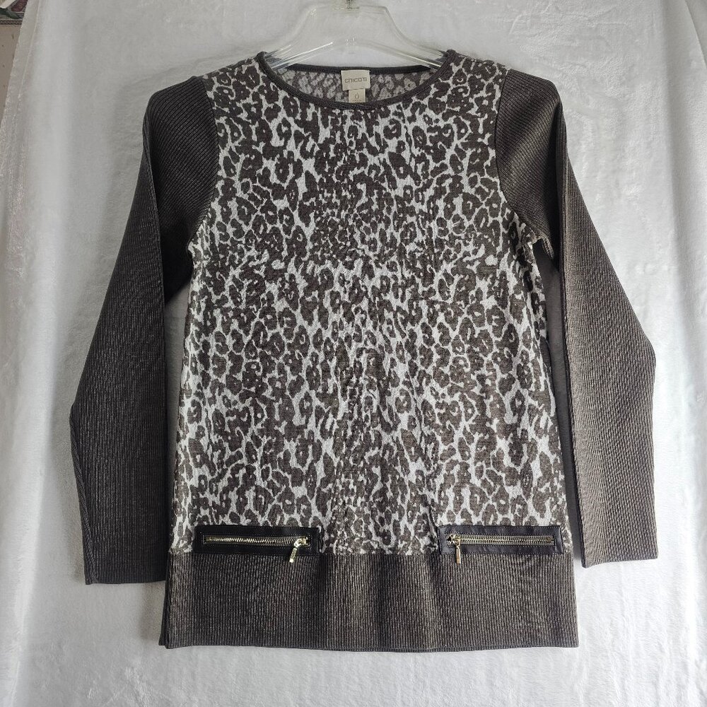 Chico's Women Sweater Leopard Print Long Sleeve Pullover Size 0 Small